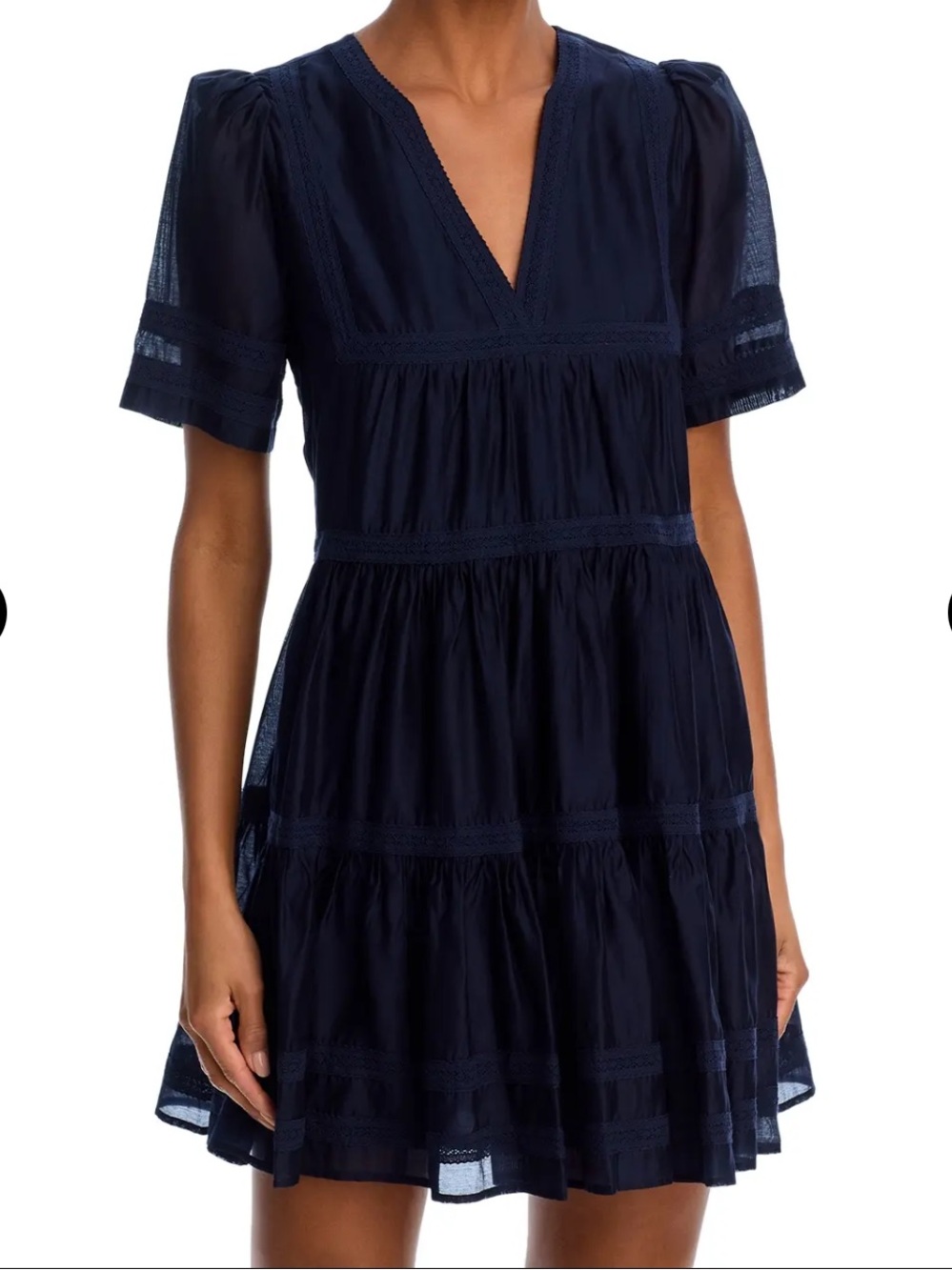 NWT! AQUA Lace Voile Short Sleeve Tiered Navy Dress Bloomingdale’s Exclusive -XS